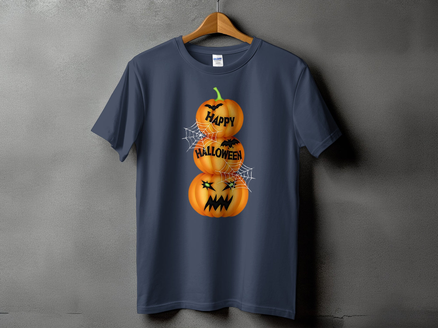 Dark blue t-shirt with stacked jack-o'-lanterns saying "Happy Halloween" and spiderwebs.