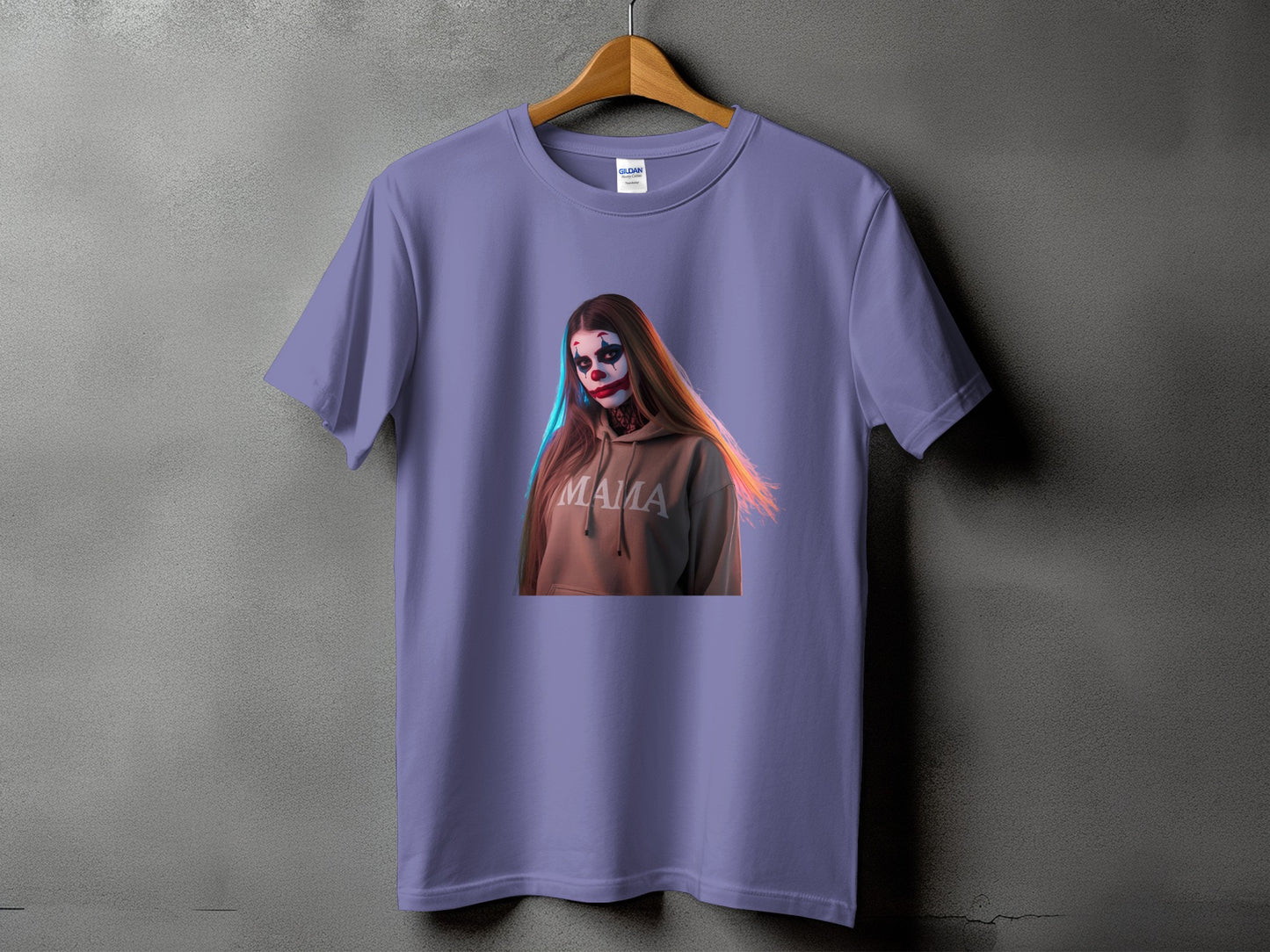 Purple t-shirt with graphic of a woman in clown makeup wearing a hoodie that says "MAMA".