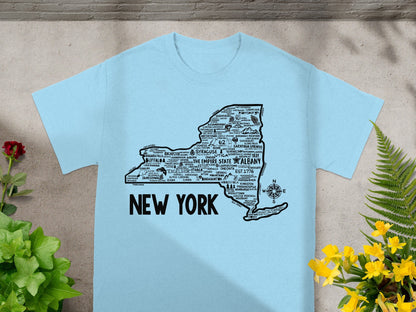New York State Map Design Light Blue T-Shirt