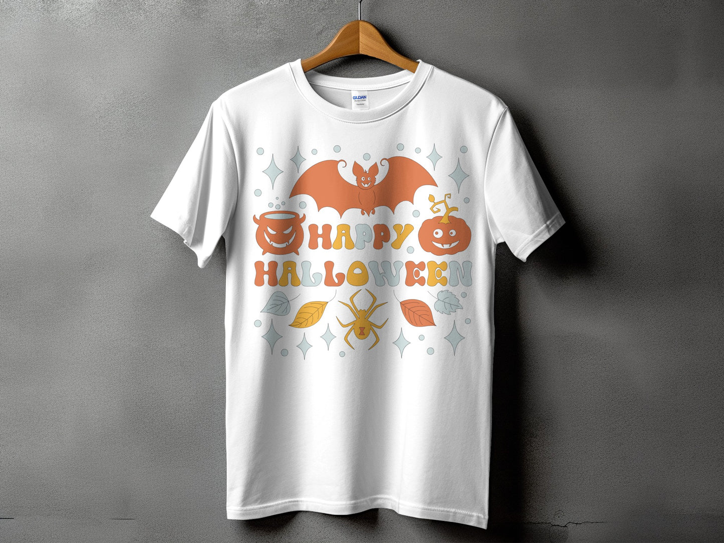 White t-shirt with "Happy Halloween" text, bat, pumpkins, and spider design.