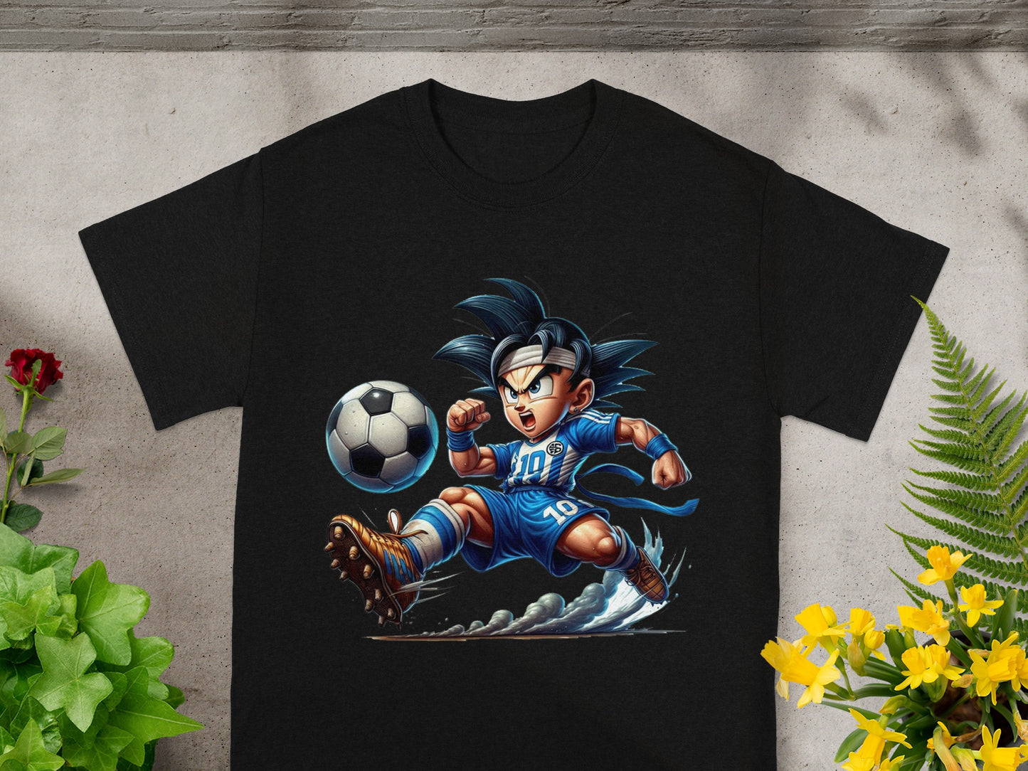 Goku in a blue soccer uniform kicks a ball, leaving a dust trail.