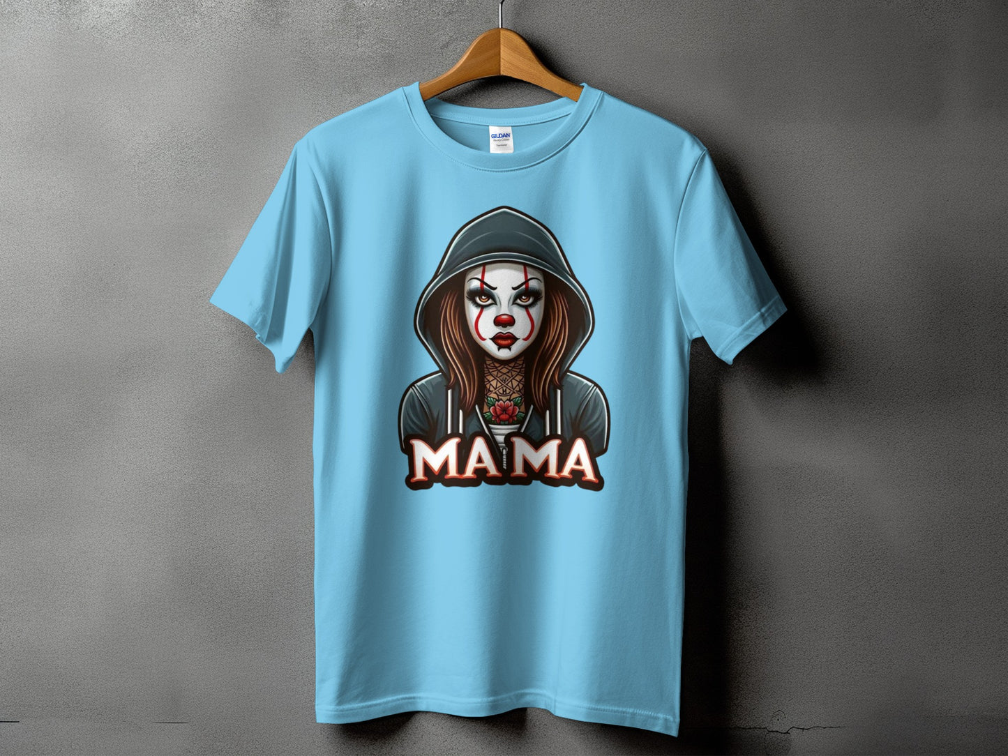 Light blue t-shirt with a tattooed clown character and the word "MAMA"
