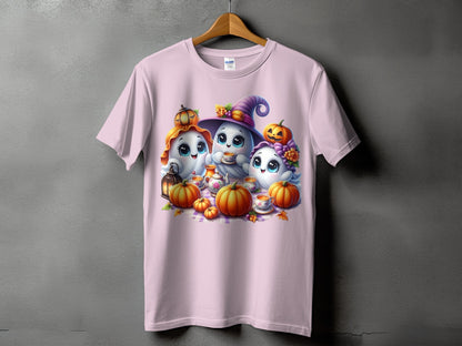 Pink t-shirt with three cute ghosts, pumpkins, and tea set graphic.