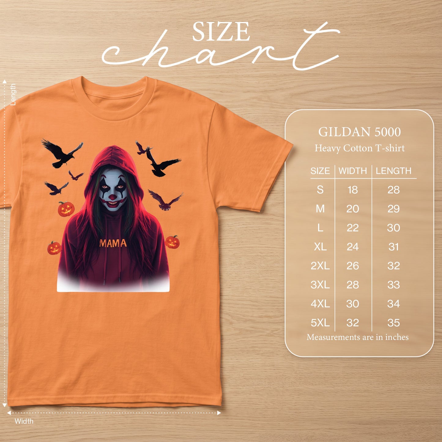 Orange t-shirt with a creepy clown graphic, birds, and pumpkins. Size chart included.