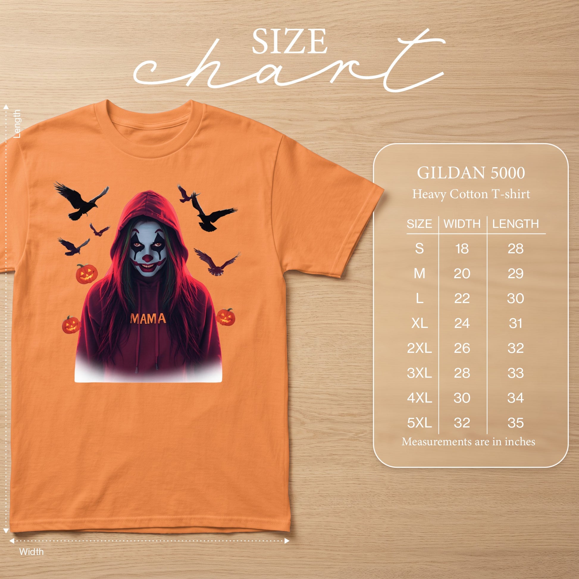 Orange t-shirt with a creepy clown graphic, birds, and pumpkins. Size chart included.