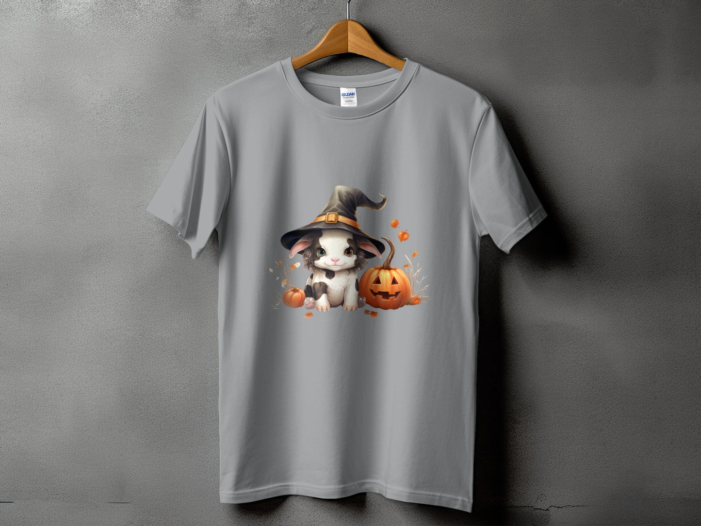 Gray t-shirt with a cute black and white bunny wearing a witch hat with pumpkins.