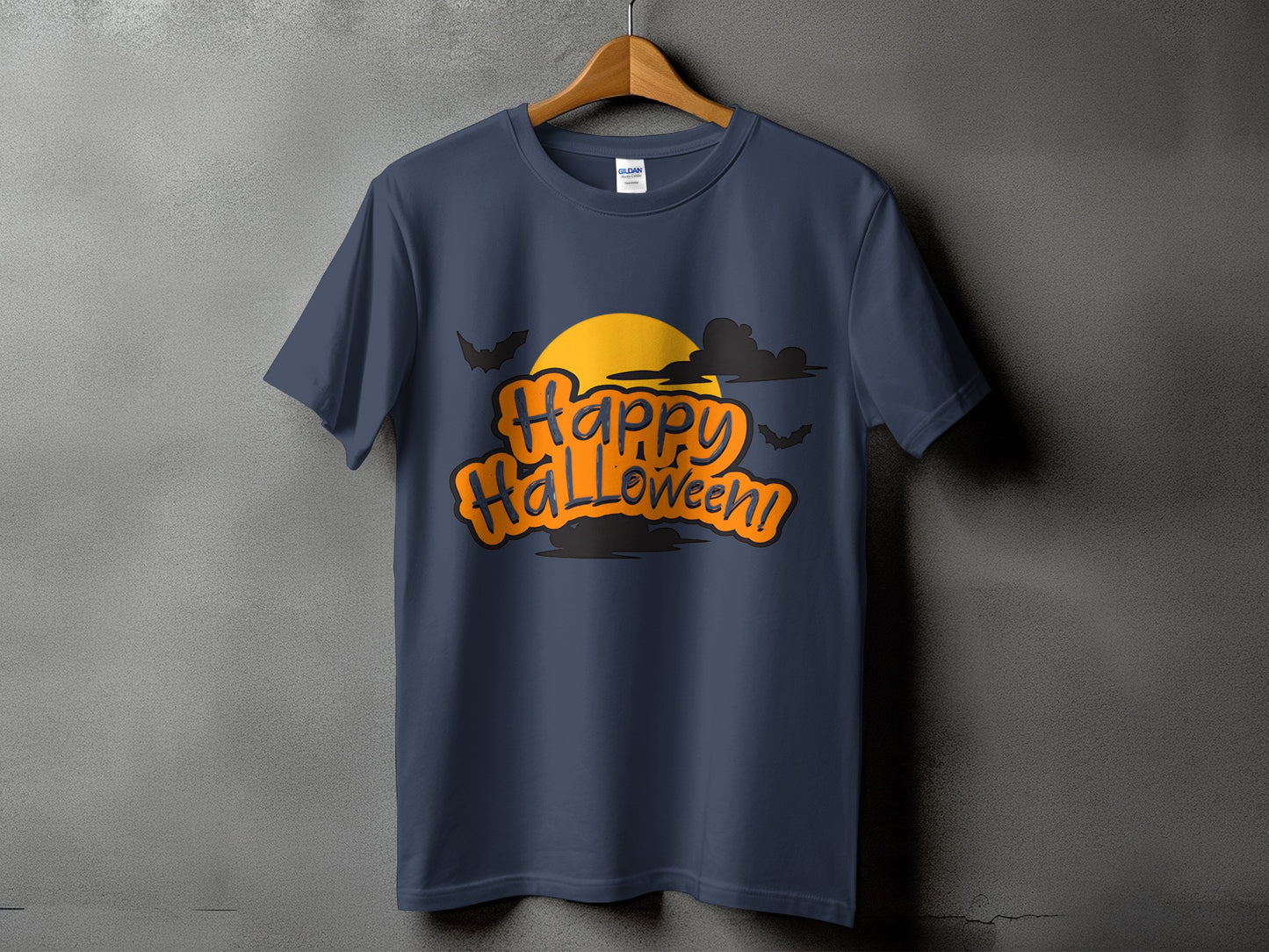 Dark blue t-shirt with "Happy Halloween!" text, moon, bats, and clouds design.