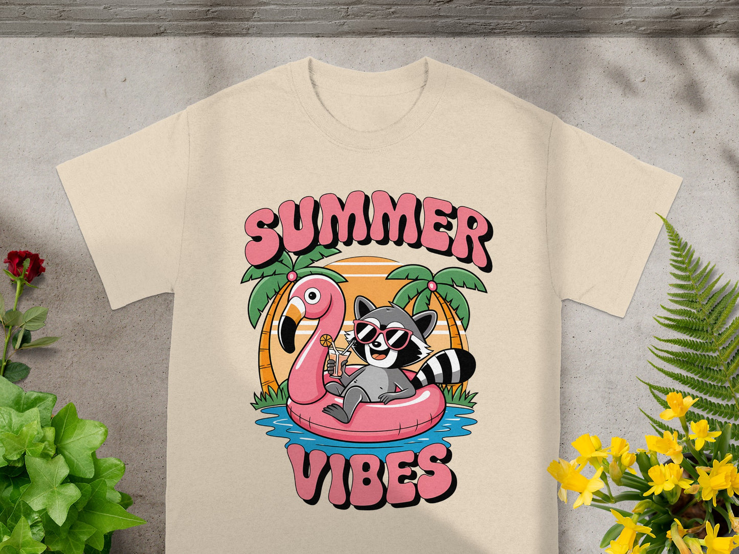 Raccoon relaxes on flamingo float with drink, "Summer Vibes" text.