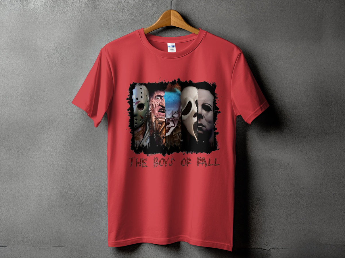 Red t-shirt with "The Boys of Fall" text and horror movie characters.