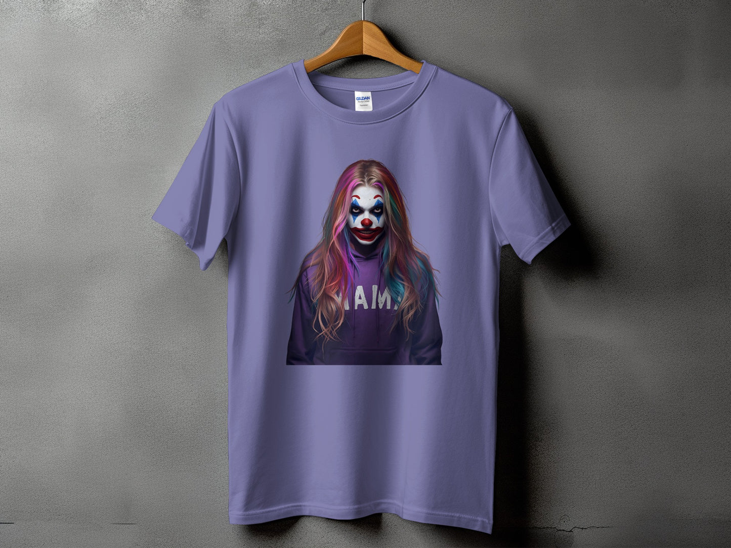 Purple t-shirt with a clown graphic and the word "mama" on a hoodie.