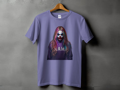 Purple t-shirt with a clown graphic and the word "mama" on a hoodie.