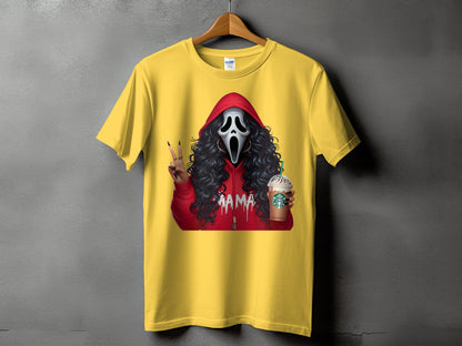 Yellow t-shirt with Ghostface mask, red hoodie, coffee, and "MAMA" text.