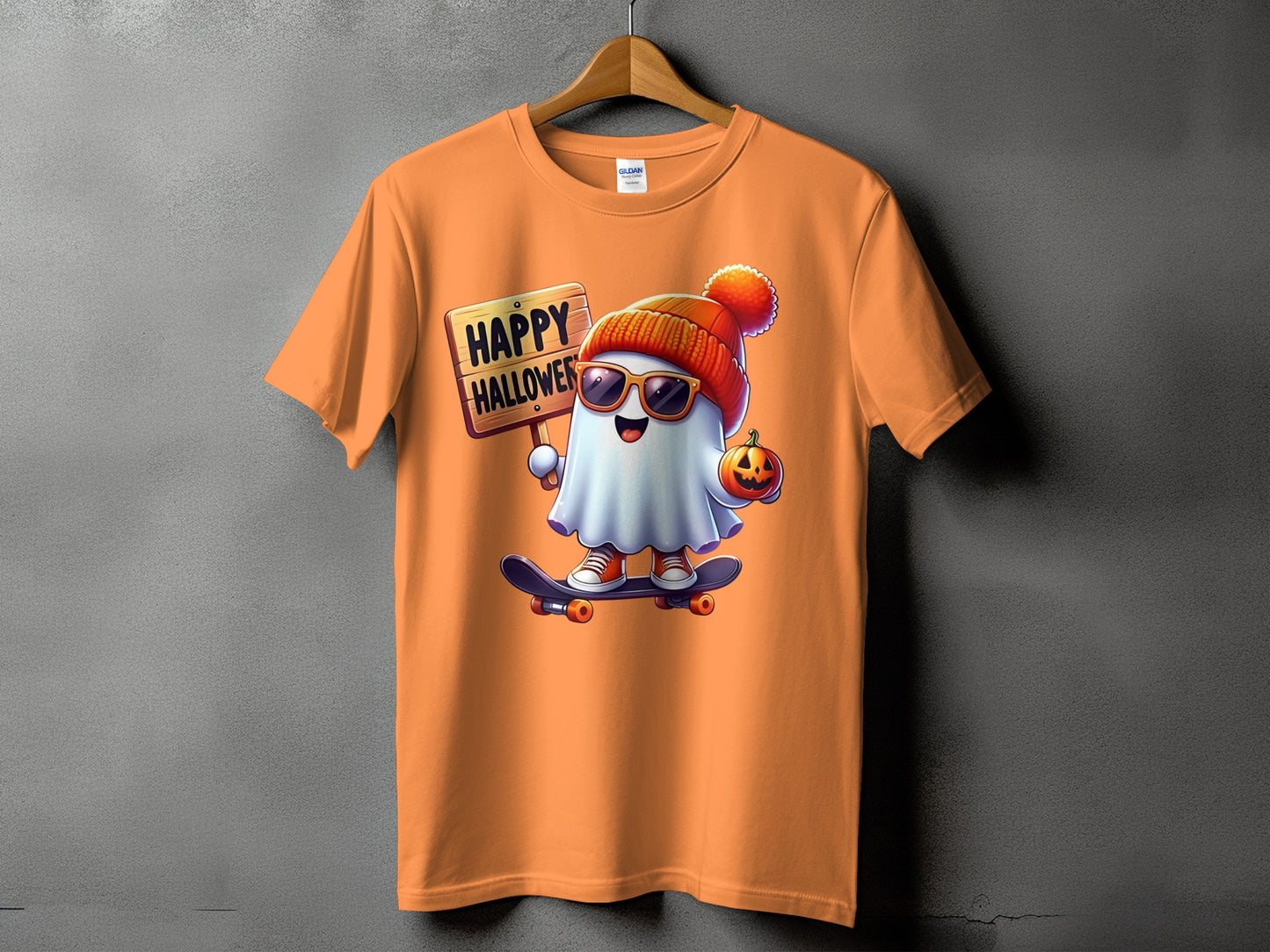 Orange t-shirt with cartoon ghost on skateboard holding pumpkin and sign saying "Happy Halloween".