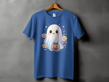 Blue t-shirt with a smiling ghost holding a pumpkin, surrounded by flowers and stars.