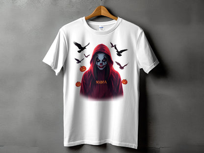 White t-shirt with a spooky clown design, flying birds, and pumpkins.