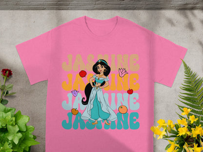Pink t-shirt with Princess Jasmine graphic and text.