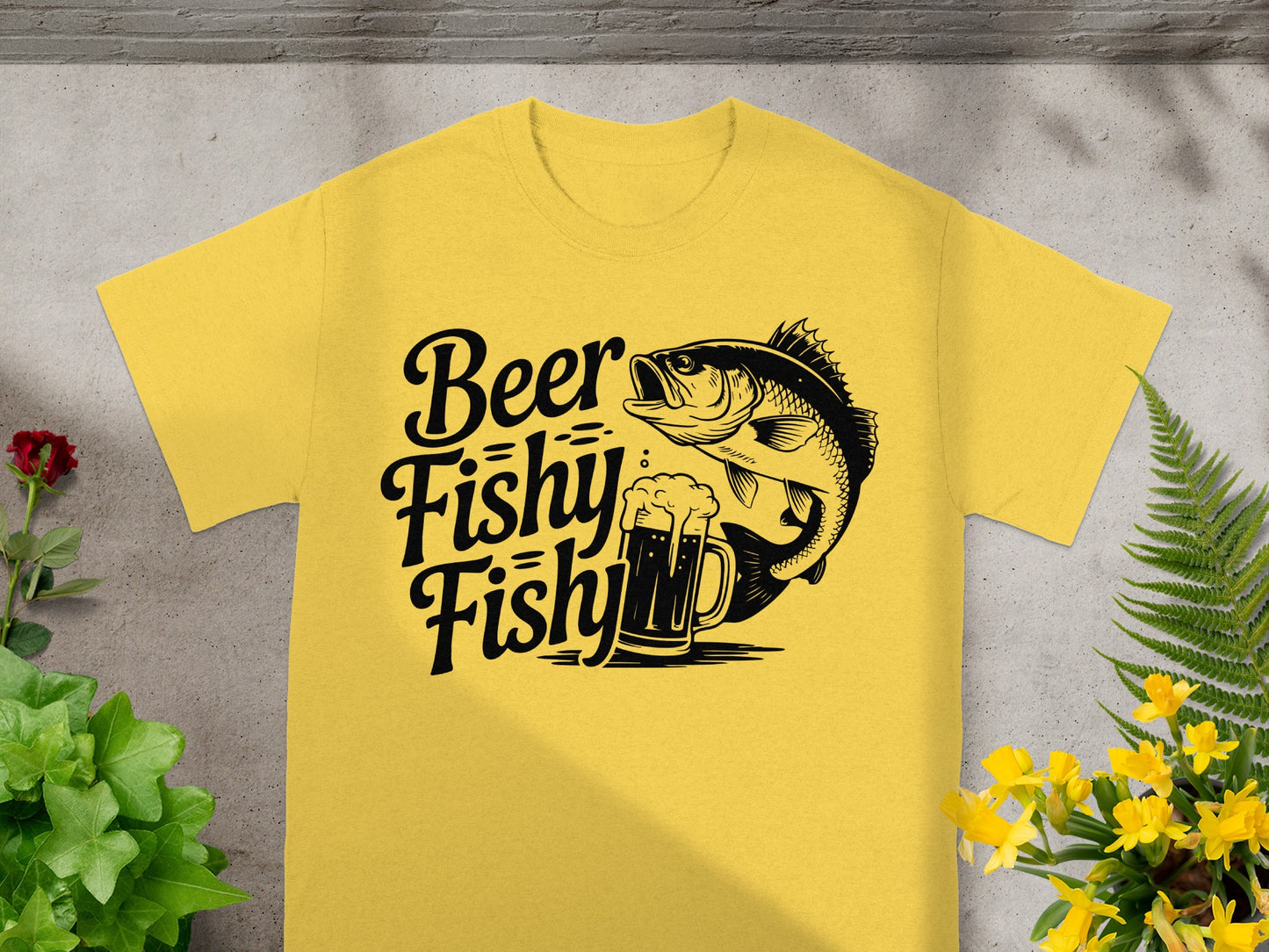 Yellow T-shirt with black graphic text Beer Fishy Fishy and a bass fish.