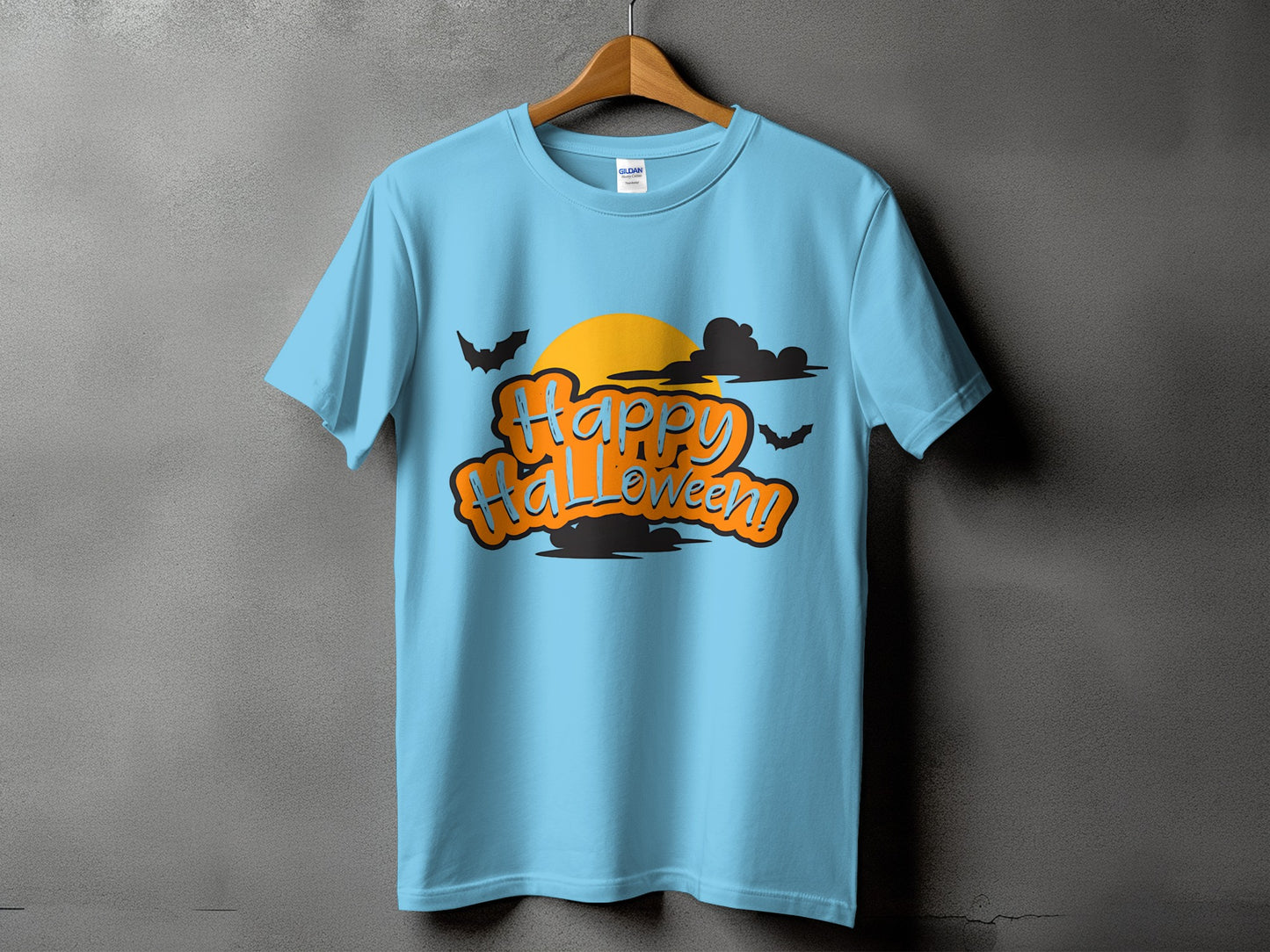Light blue t-shirt with "Happy Halloween!" graphic, moon, and bats.