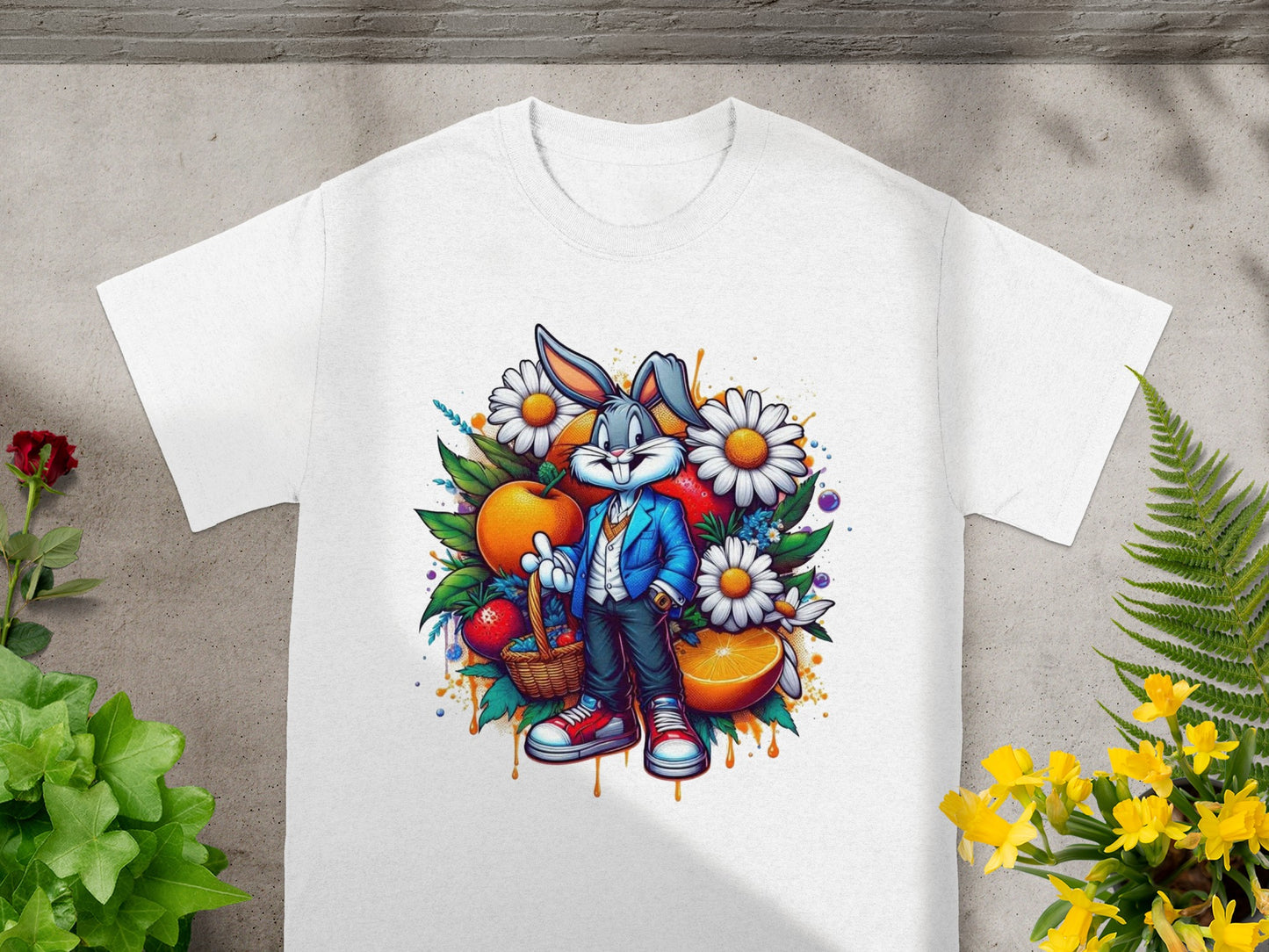 Colorful Cartoon Rabbit and Fruits Graphic T-Shirt