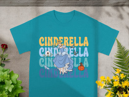 Cinderella t-shirt with a character illustration and colorful text.