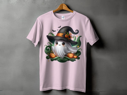 Pink t-shirt with a ghost wearing a witch hat, surrounded by pumpkins and bats.