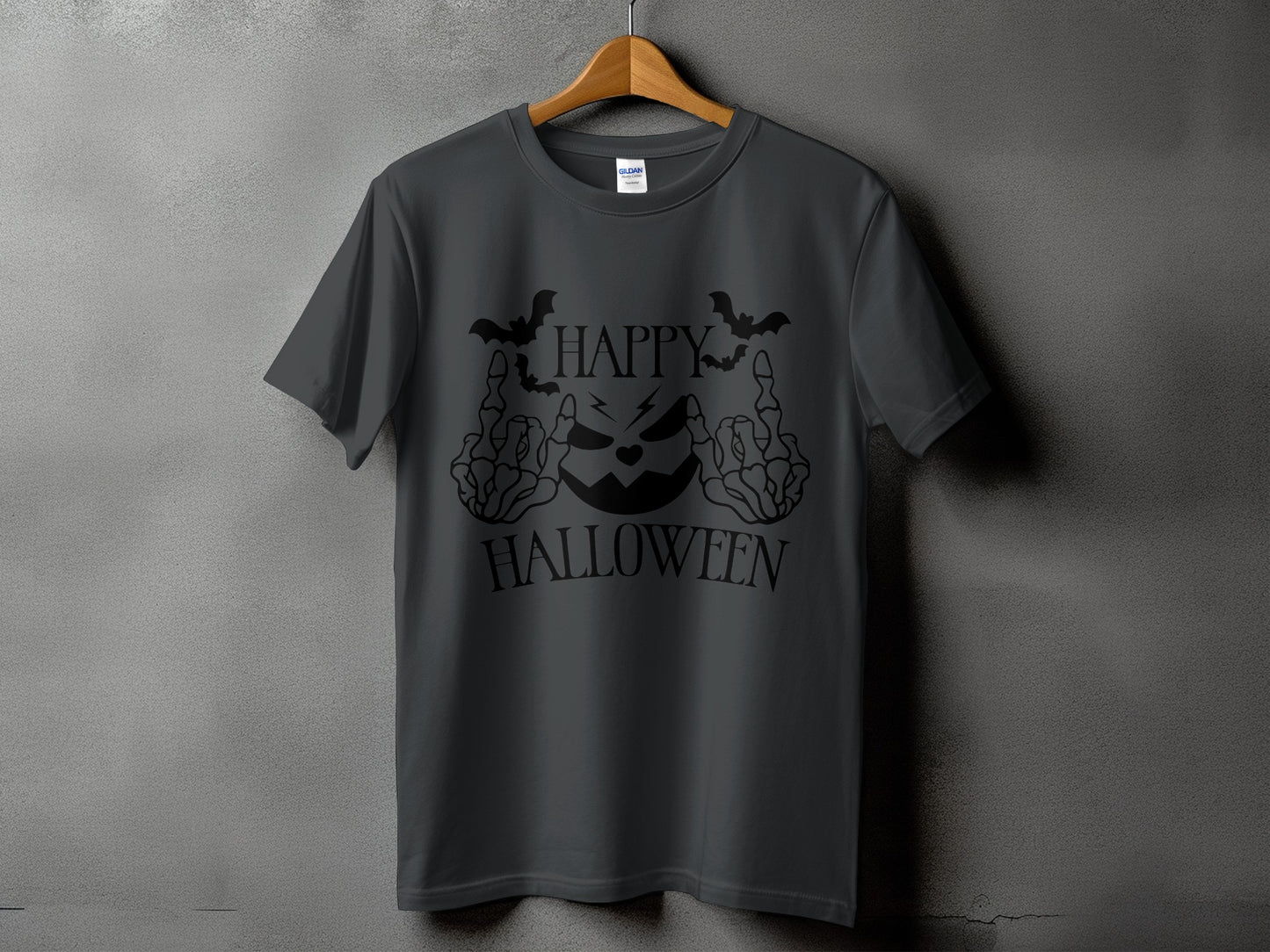 Dark grey t-shirt with black Halloween graphic featuring a jack-o'-lantern and bats.