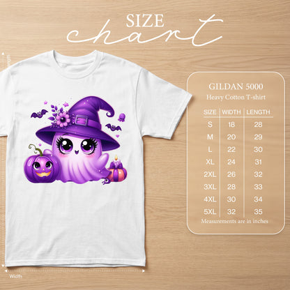 White t-shirt with purple ghost, pumpkin, bat, and candle graphic, featuring a size chart.