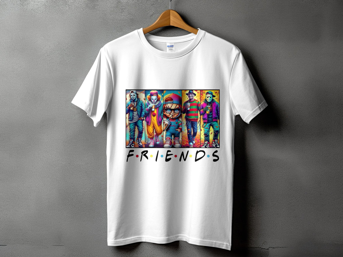 White t-shirt with horror characters in Friends TV show style.