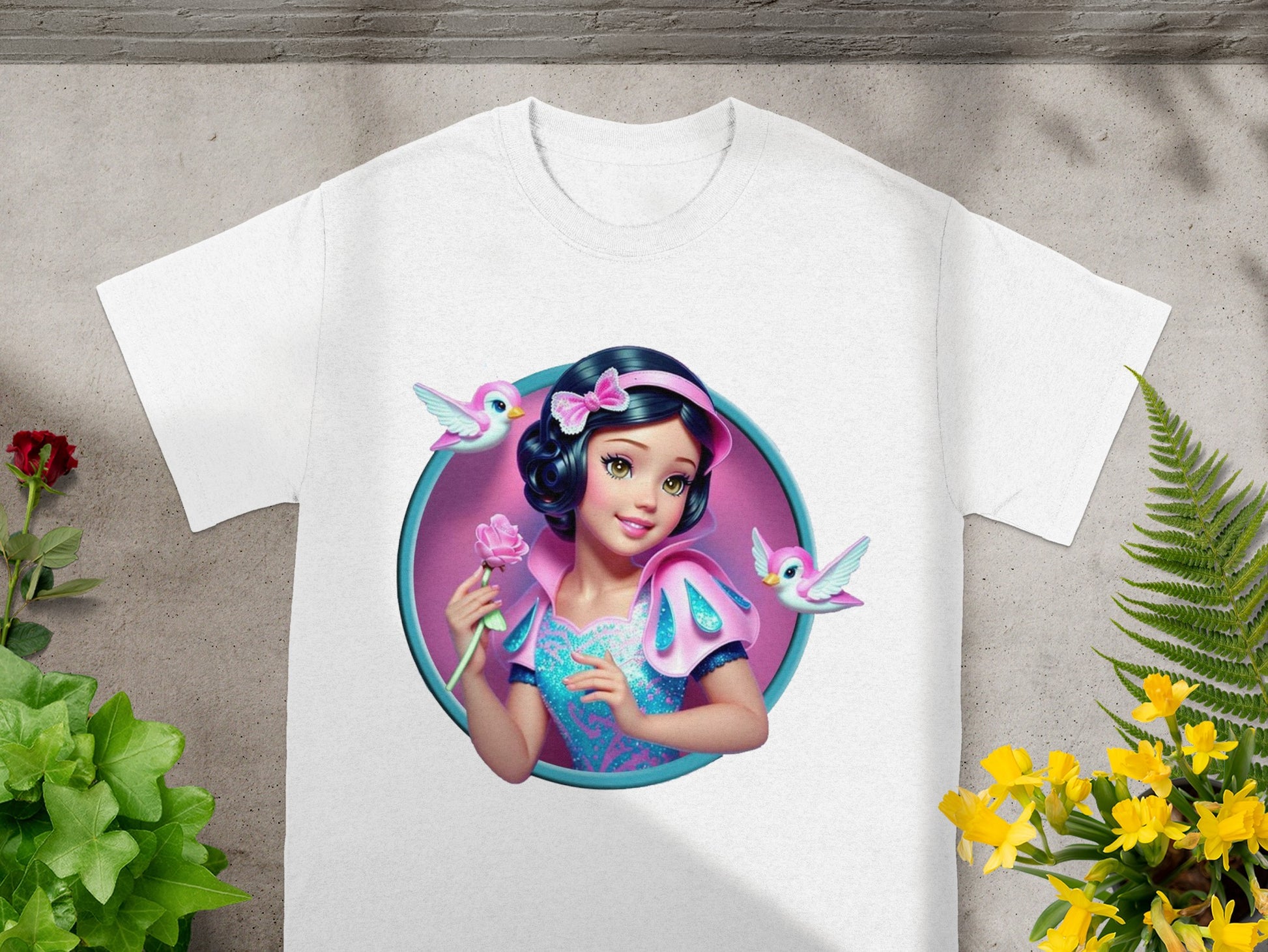 White t-shirt featuring Snow White with pink bow and two bluebirds.