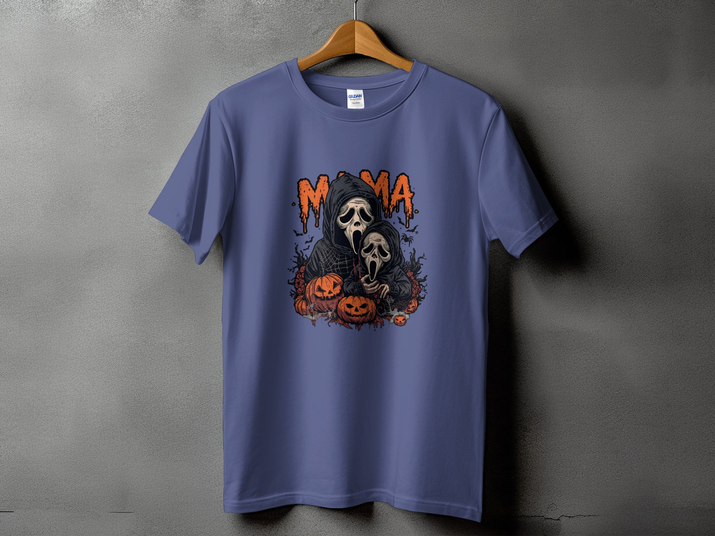 T-shirt with "Mama" text and two Ghostface figures among pumpkins.
