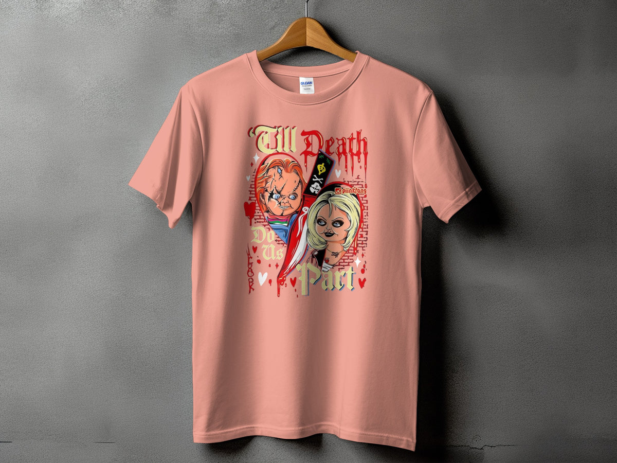 Peach t-shirt with Chucky and Tiffany dolls, bloody knife, and text "Till Death Do Us Part".