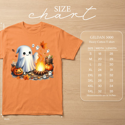 Orange t-shirt with a cute ghost and campfire graphic, includes Gildan 5000 size chart.
