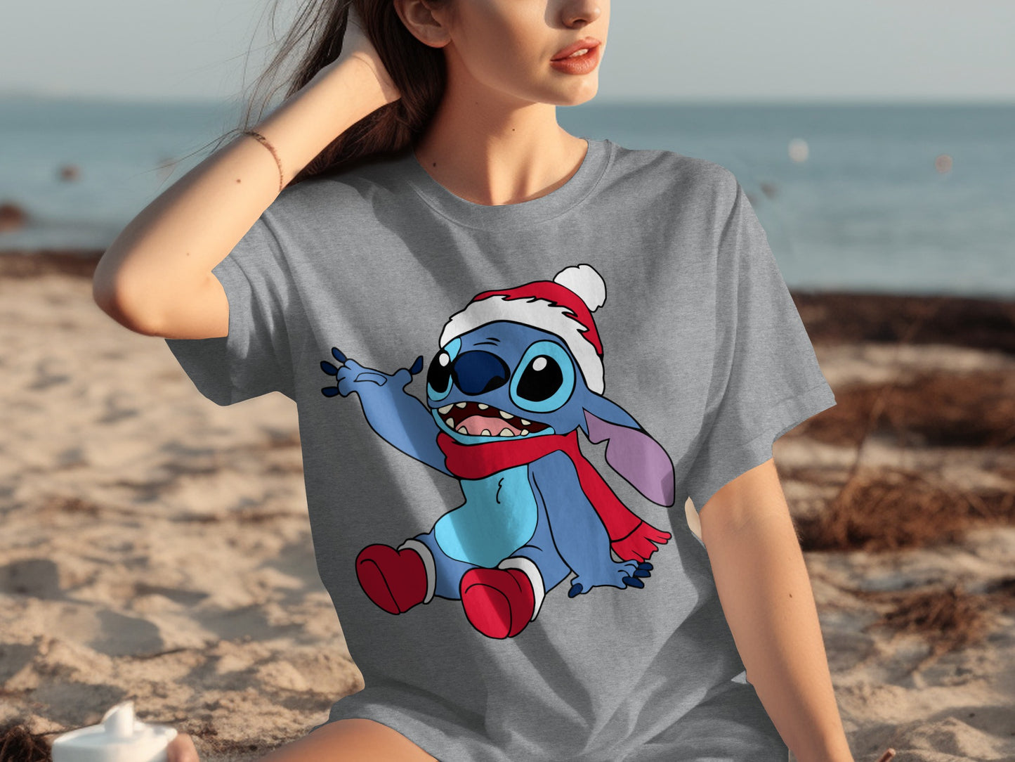 Adorable Blue Alien with Santa Hat Graphic T-Shirt