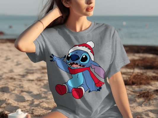Adorable Blue Alien with Santa Hat Graphic T-Shirt
