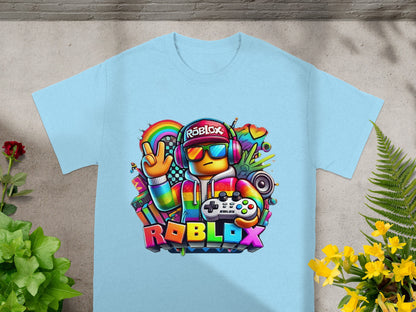 Roblox character wearing headphones and holding a controller, rainbow graphic.