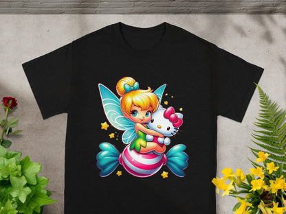 Tinkerbell holding Hello Kitty on a striped candy.