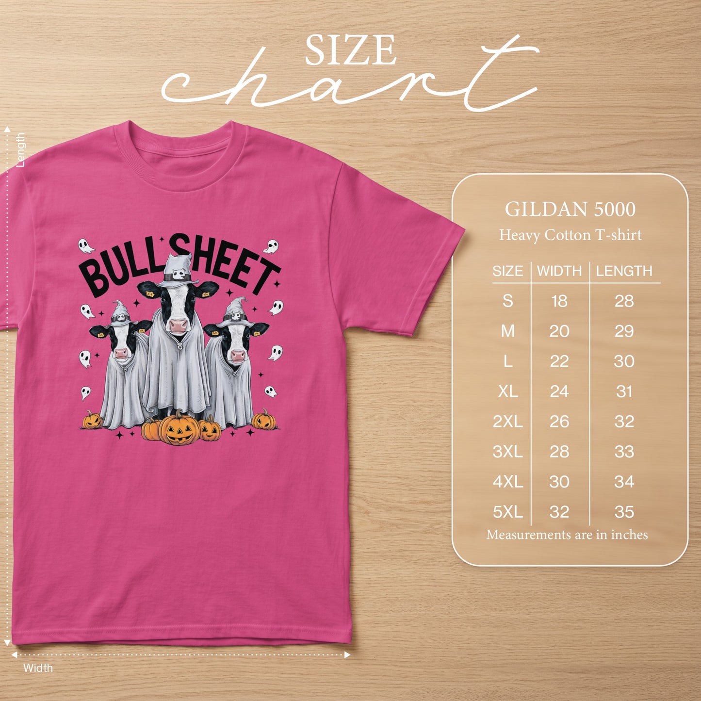 Pink t-shirt with three cows dressed as ghosts and "Bull Sheet" text. Size chart included.