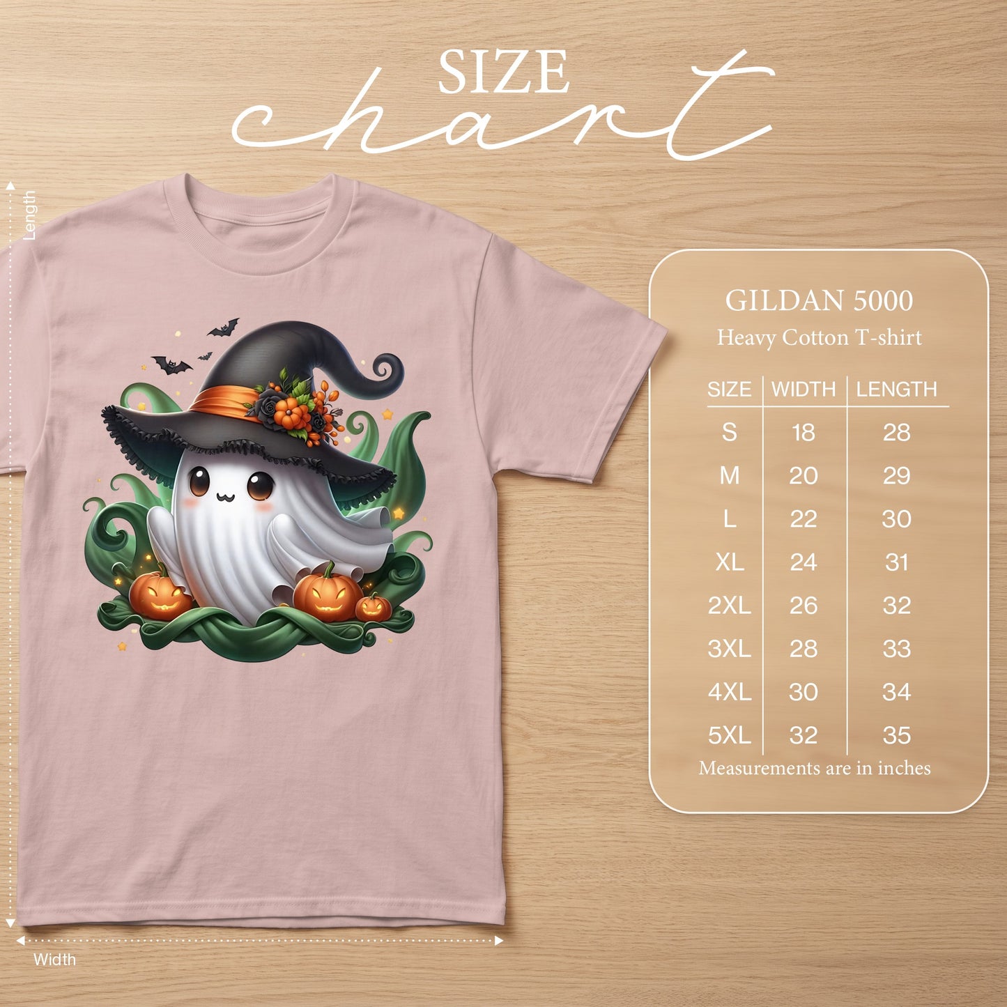 Pink t-shirt with a cute ghost wearing a witch hat and size chart.