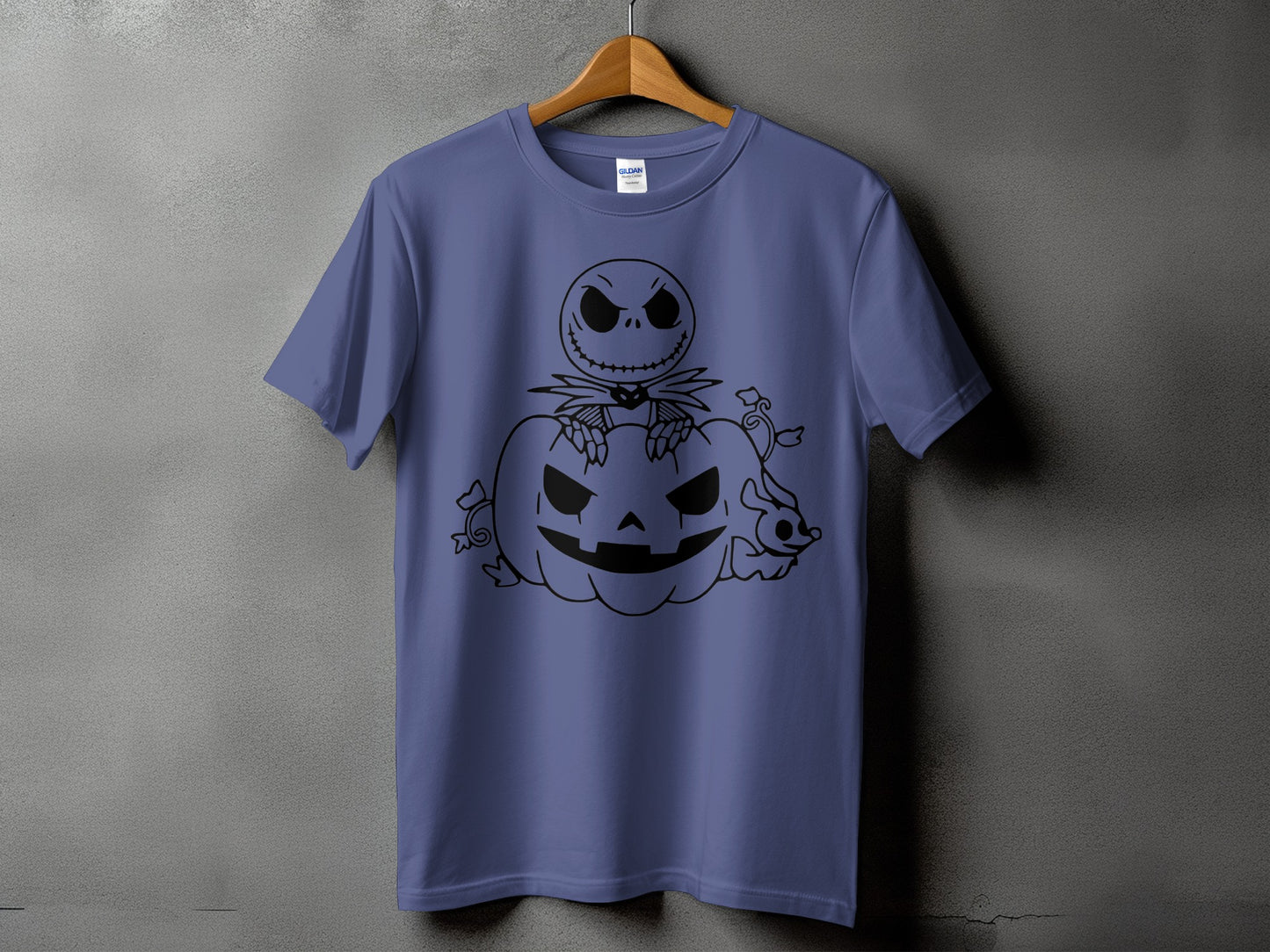 Purple t-shirt with Jack Skellington sitting on a pumpkin graphic.