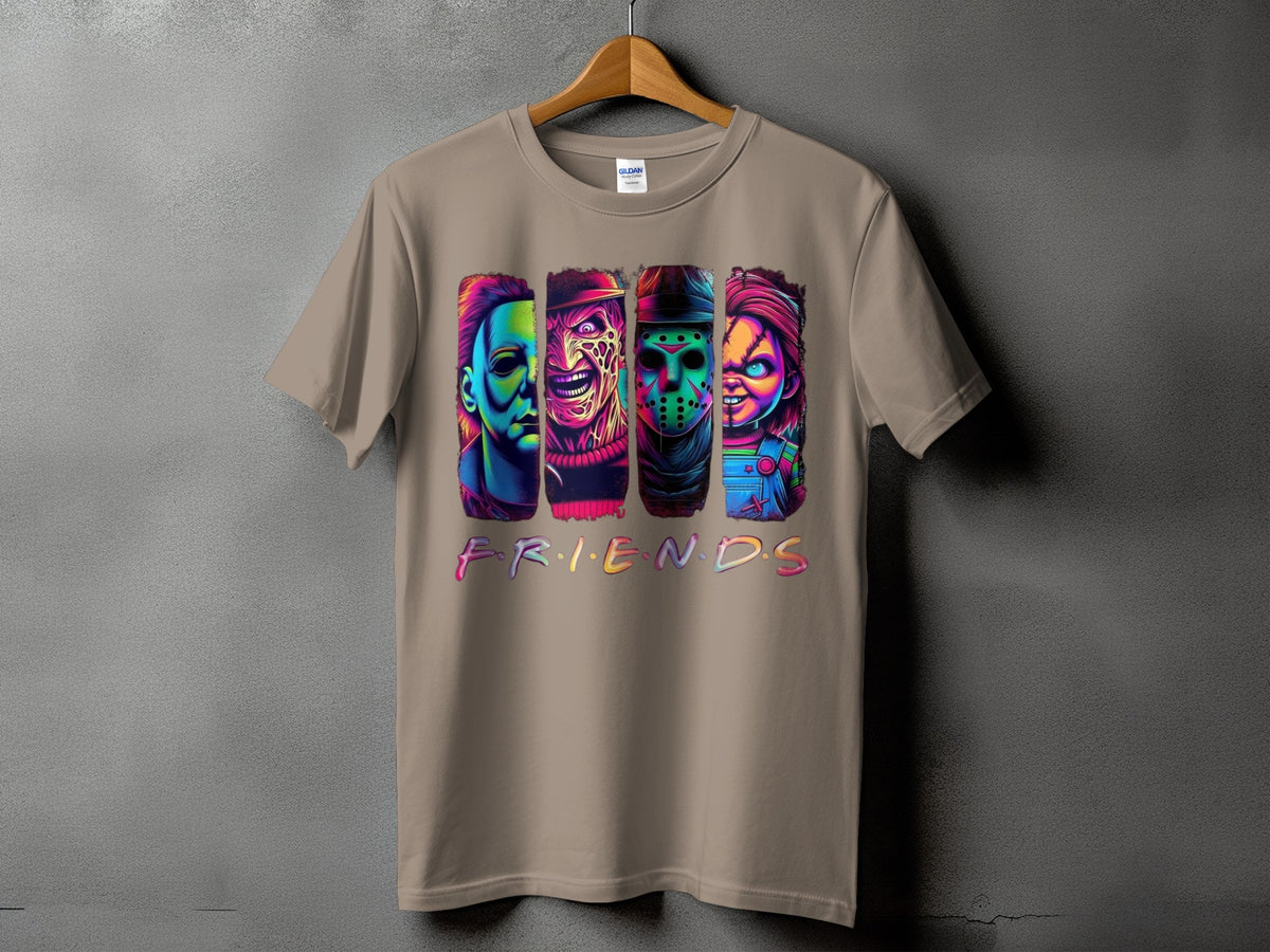 T-shirt with horror characters and the word FRIENDS in neon letters.