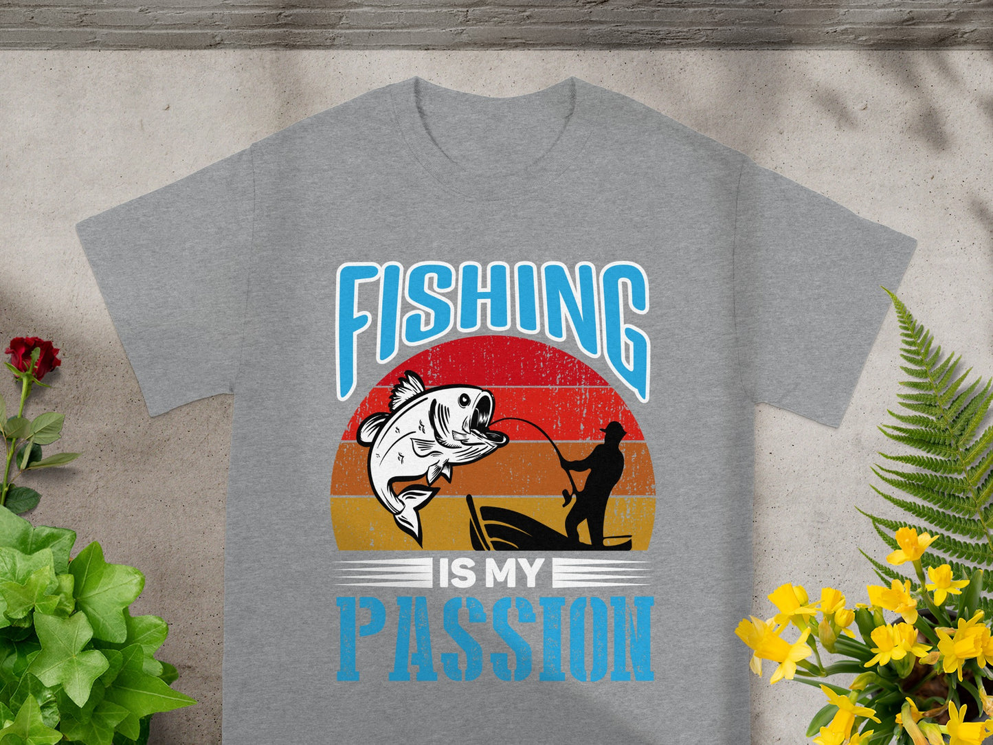 Grey t-shirt with "FISHING IS MY PASSION" text and fishing graphic.