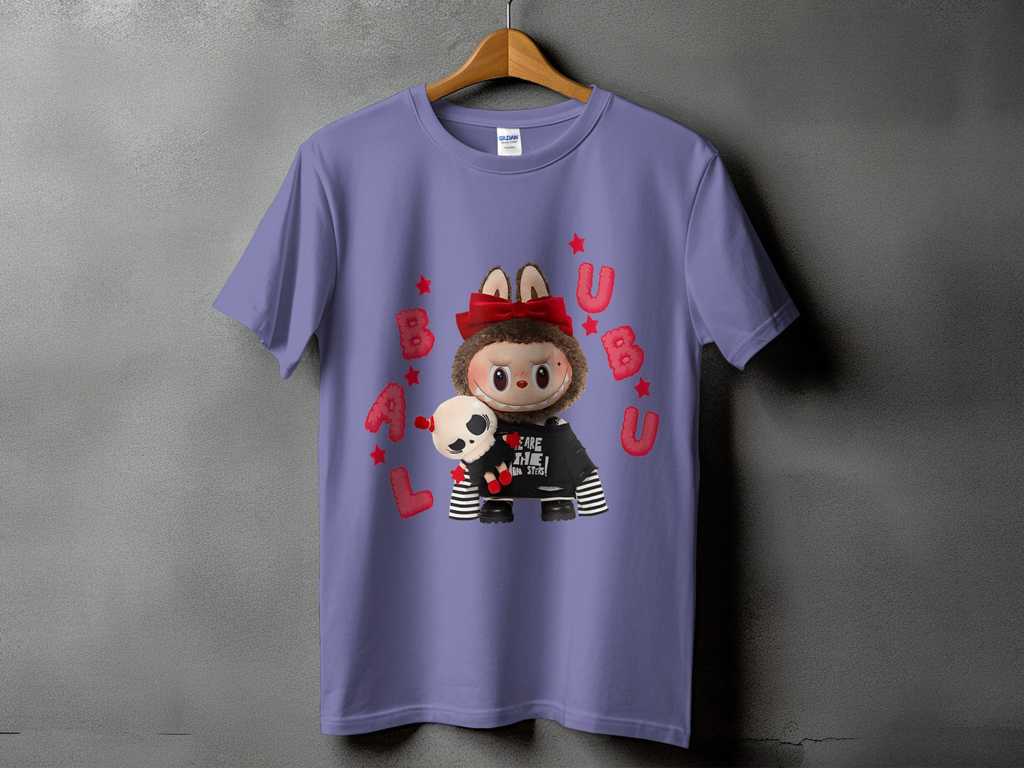 Purple t-shirt with a cartoon character holding a skull plushie and "BUBBU" text.