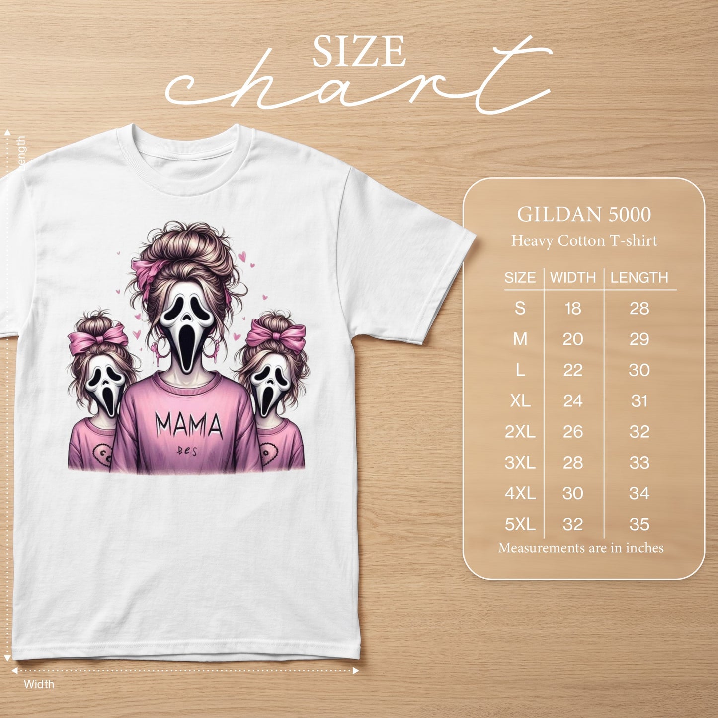 White t-shirt with "MAMA" and ghost icons, and a size chart.