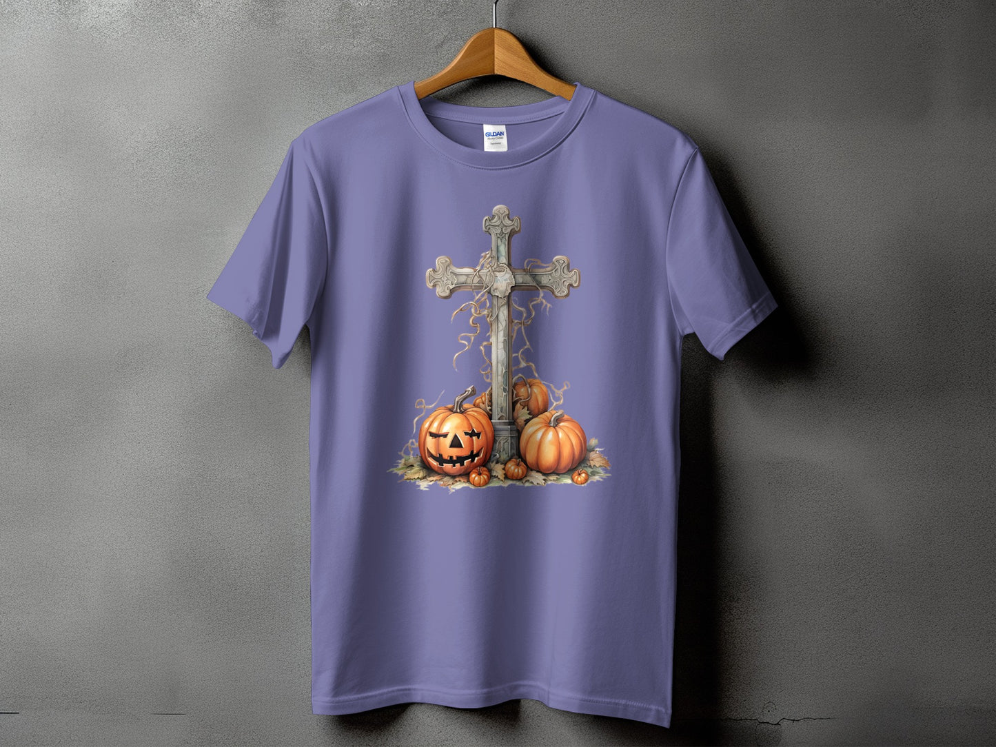 T-shirt with a cross and jack-o'-lanterns graphic.