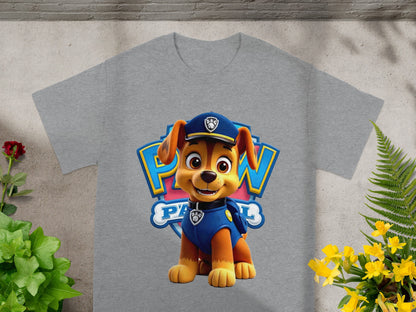Chase from Paw Patrol on a gray t-shirt with blue logo.