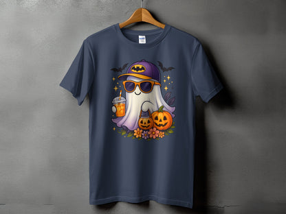 Ghost wearing sunglasses and a Batman hat holding a drink, with pumpkins and flowers.