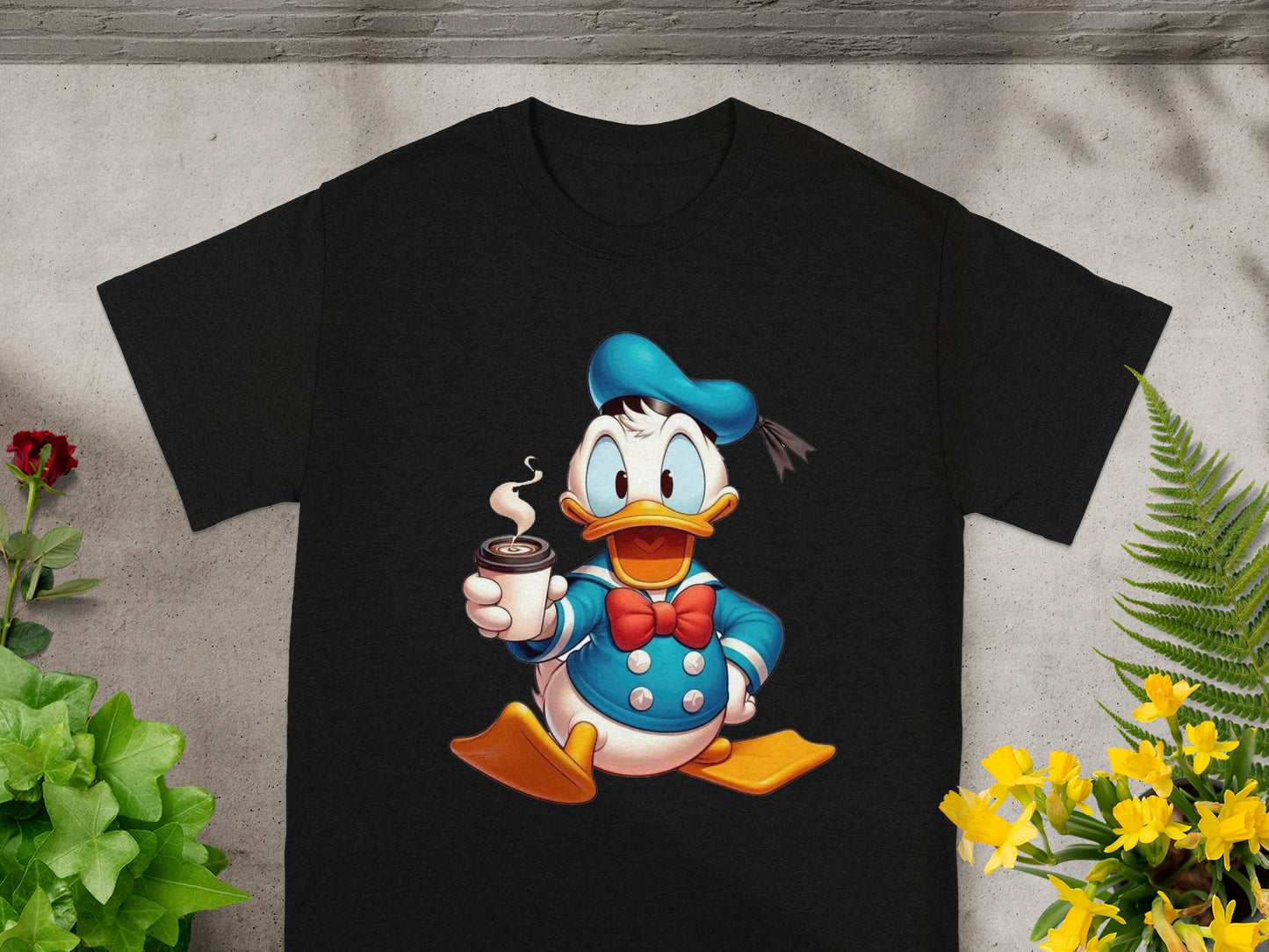 Donald Duck wearing a blue sailor outfit holding a cup of coffee.
