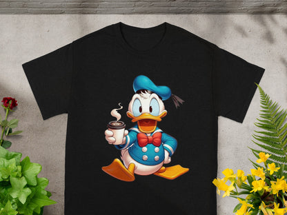 Donald Duck wearing a blue sailor outfit holding a cup of coffee.
