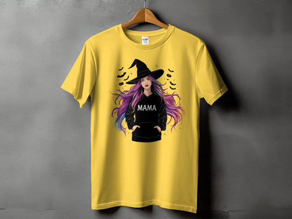 Yellow t-shirt with witch graphic and "MAMA" text, surrounded by bats.