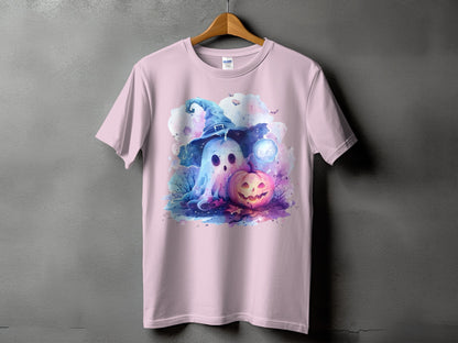 Pink t-shirt featuring a watercolor ghost wearing a witch hat and a jack-o'-lantern.